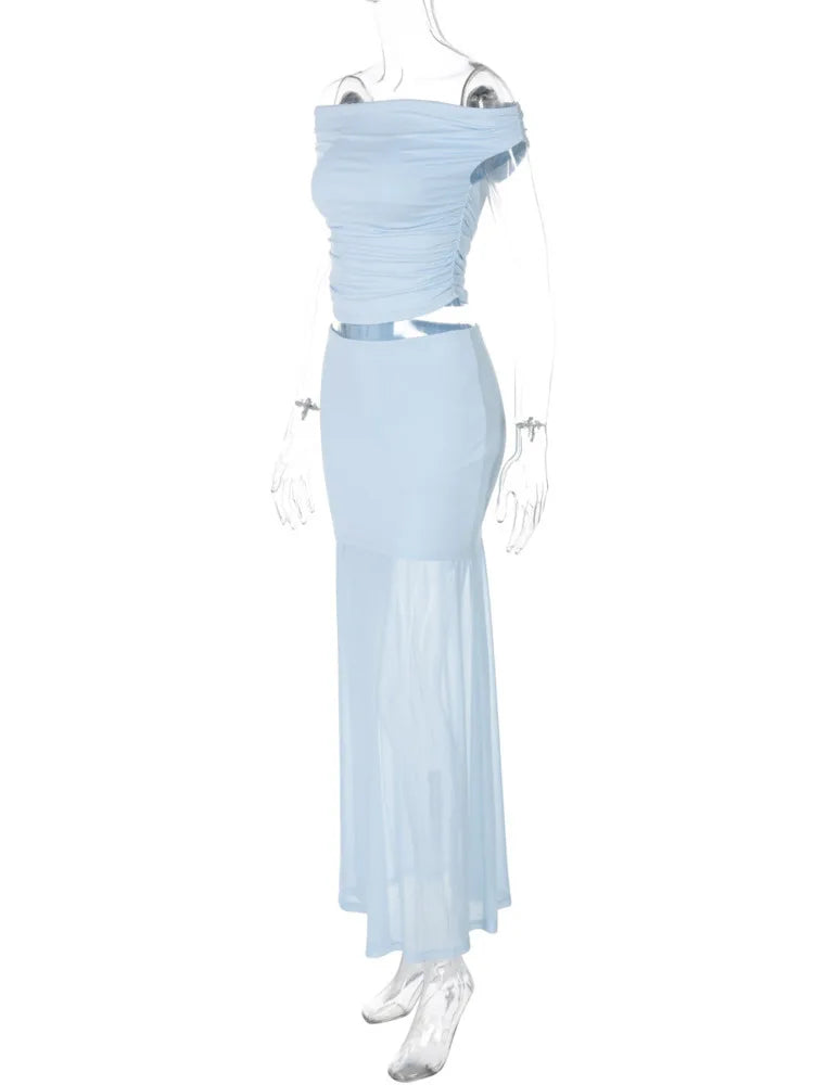 Blue Mesh Sexy Skirt Two Piece Sets Women Strapless Crop Tops And Maxi Skirt Ladies Fashion Elegant 2 Piece Sets voguable