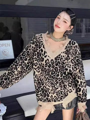 Hip Hop Hole Leopard Sweater Women Loose Streetwear Lazy Wind Y2K Knitted Jumper American Harajuku Vintage Long Sleeve Tops voguable