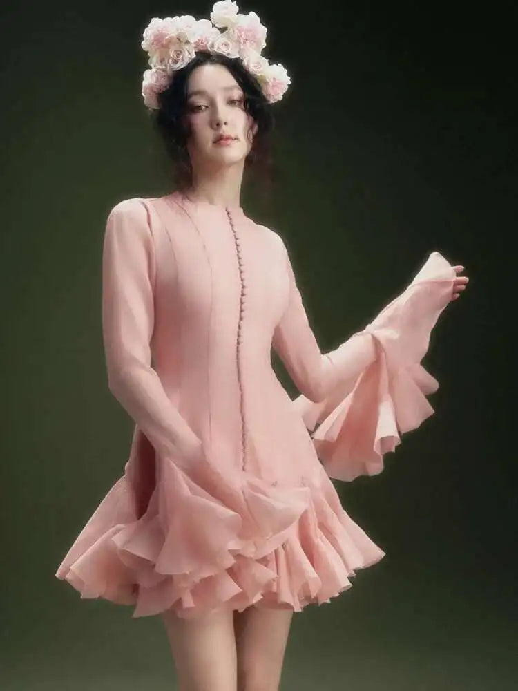 French Niche Women's Dress O Neck Button Flare Long Sleeve Spliced Ruffles Hem Solid Elegant Mini Dress 2025 New voguable