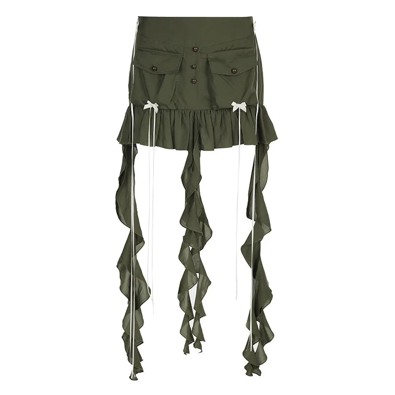 TARUXY Splice Folds Mini Skirt For Women Pocket High Waist Bnadage Skirts Womens 2023 Party Casual Lace Up Slim Skirts Ladies voguable