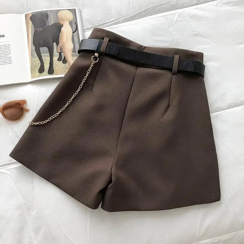 Korean with Belt Women Suit Shorts Y2K Summer High Waist Solid Color A Line Shorts Loose Streetwear All Match Wide Leg Pants voguable
