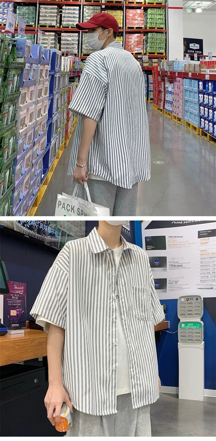 Japanese Style Simple Striped Short Sleeve Shirt For Men Summer Korean Trendy Loose Fit Casual Jacket voguable