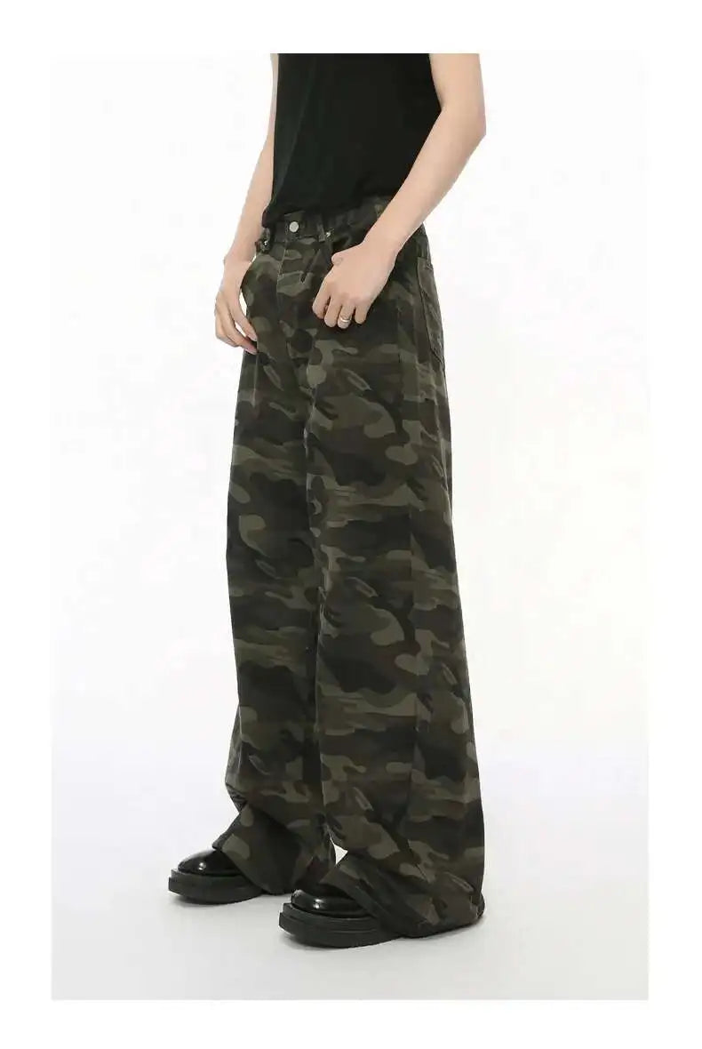 Vintage Camouflage Men's Jeans Fashion Washed Casual Wide Leg Denim Pants Autumn Winter Loose Male Trousers Old Blue 9C354 voguable