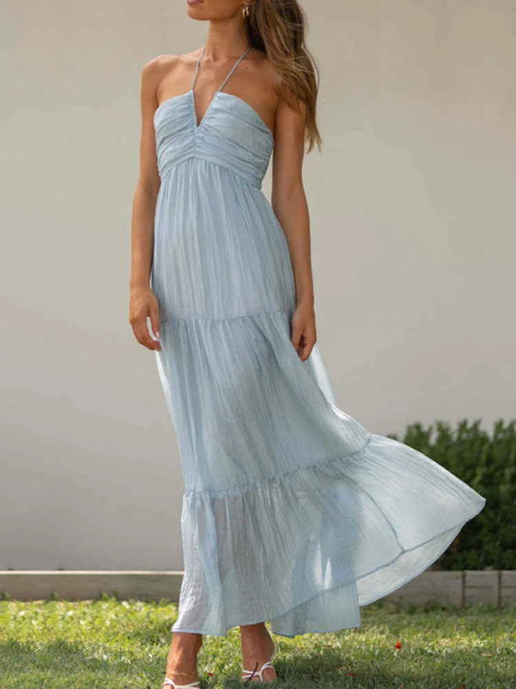 Voguable  Women's Summer Chiffon Halter V Neck Sleeveless Floral Flowy A Line Maxi Dress Boho Backless Tiered Swing Long Beach Dresses voguable