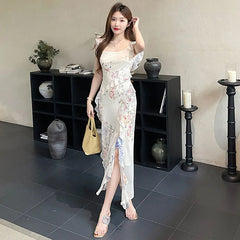 Fashion Ruffles Floarl Spaghetti Strap Dress Women's Sequare Collar Slim Fit Mid-calf Dresses Summer New 3A149 voguable