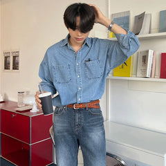 Denim Shirt Men Long-sleeved Casual Korean Turn down Button Shirts with Pocket Streetwear Luxury Clothing Loose Stylish