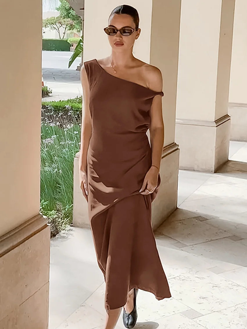 Slanted Shoulder Fashion Long Dress 100% Cotton Sleeveless Brown Retro Women Dress 2025 New Casual Vacation Summer Dresses voguable