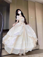 Voguable  Dophee Original Lolita Flower Wedding Evening Dress Women Champagne Color Princess Dress Elegant Short Sleeve Bride's Dress voguable