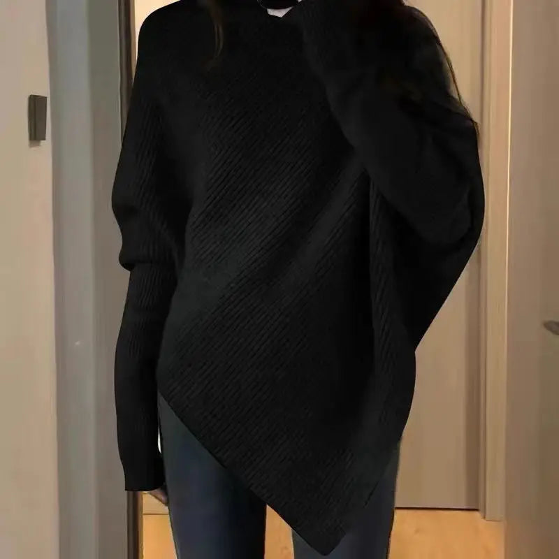 Autumn Winter New Women Sweater Korean Fashion Chic Casual Turtleneck Solid Asymmetr Loose Batwing Sleeve Pullovers Knitted Tops voguable