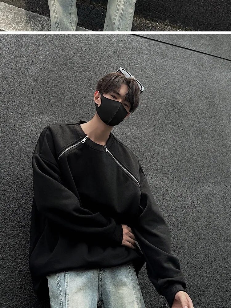 2025 Spring Men Sweatshirts Metal Zipper Solid Color Casual O Neck Fashion Oversize Streetwear Hip Hop Male White/Black voguable