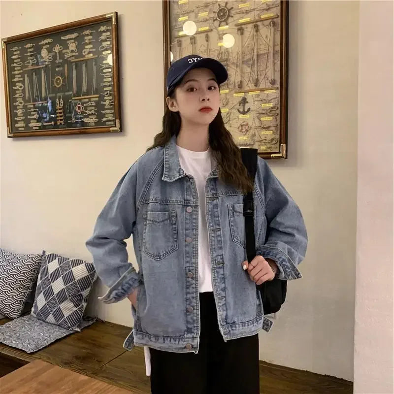 Vintag Distressed Autumn New Denim Jackets Women Lapel Solid Pockets Button High Street Long Sleeve Loose Short Cowboy Coats Top voguable