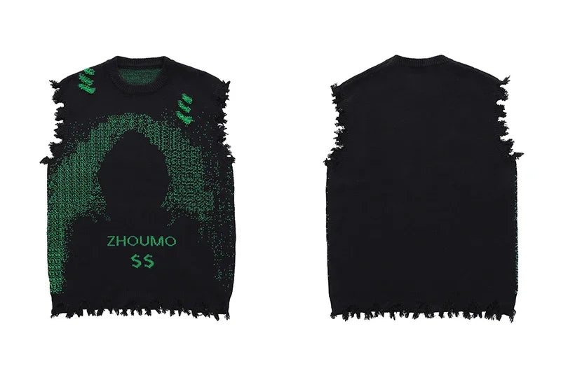 Autumn Men Sleeveless Knitted Jumper Sweaters Hip Hop Ripped Striped Knitwear Vests Streetwear Harajuku Fashion Casual Pullovers voguable