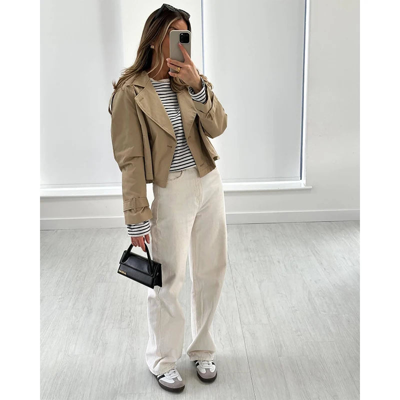 New Autumn Women Solid Cropped Trench Coat Vintage Double Breasted Long Sleeve Short Jacket Lapel Collar Windbreaker