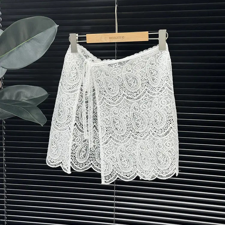 Voguable  Slim Short Korea Chic Mesh Fart Curtain Lace Up All-match French Hot Sell Skirt Exquisite Literary Hollow Out New Faldas voguable