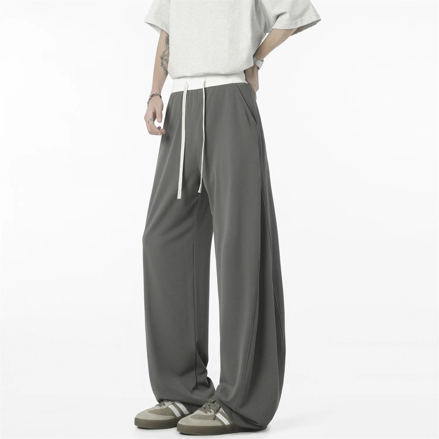 Voguable  Men Summer Thin Ice Silk Quick Dry Pants Color Block Curved Wide Leg Clean Fit Flared Straight Trousers With Drawstring Waist voguable