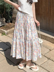 Voguable  Summer Korean Style A-line Floral Skirt Woman All Match Elastic High Waist Midi Skirt for Women Sweet Print Patchwork Cake Skirt voguable
