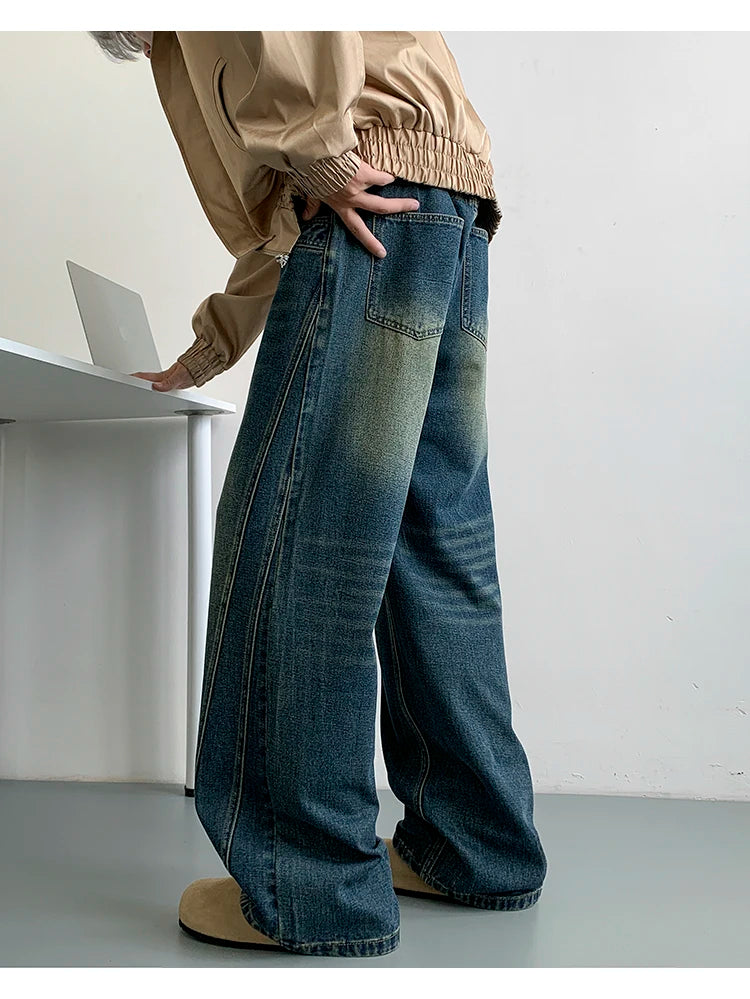 Winter Nostalgic Blue Jeans Men Chic Patchwork Loose Casual Denim Pants Wide Leg Male Straight Mopping Trouser Streetwear voguable