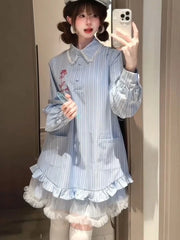 Lace Patchwork Striped Dress Women Sweet Floral Embroidery Mini Dress Fall Preppy Style Long Sleeve Cute Korean A Line Dress New voguable