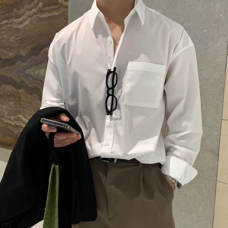 Voguable Korean Fashion Men High-end Light Blue Shirt Men Summer Solid Color Simple Casual Loose Button Pocket Long sleeve Shirts for Men voguable