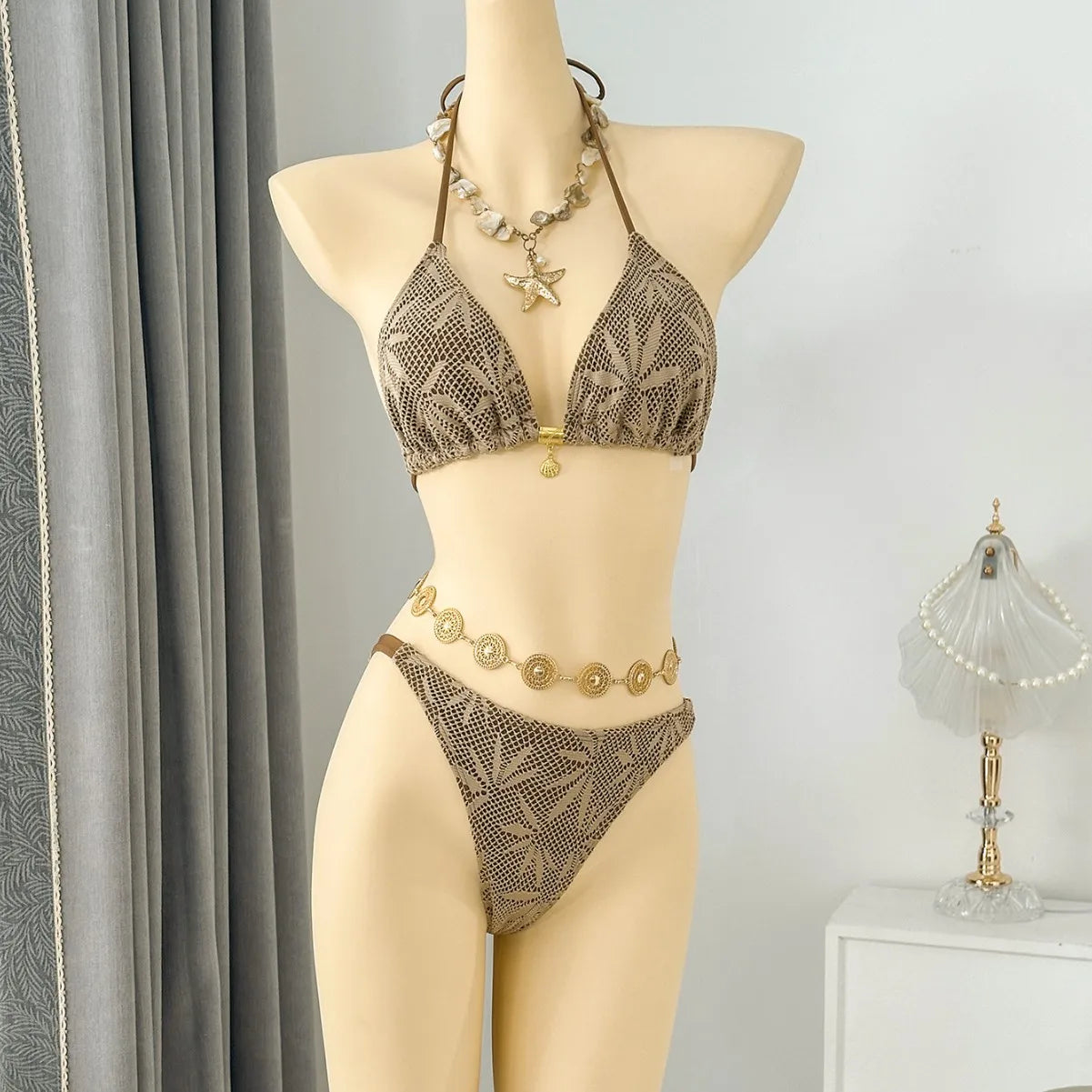 Voguable  Women Leaf Hollow Mesh 3 Piece Bikini Set Halter Triangle Top Drawstring Sheer Wide Leg Cover Up Pants Beach Swimwear Bikinis voguable