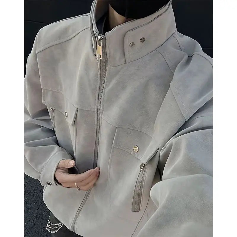Street Zipper Jacket High-end Handsome Stand-up Collar Coat American 2025 Retro Handsome Work Jacket Loose Top Urban voguable