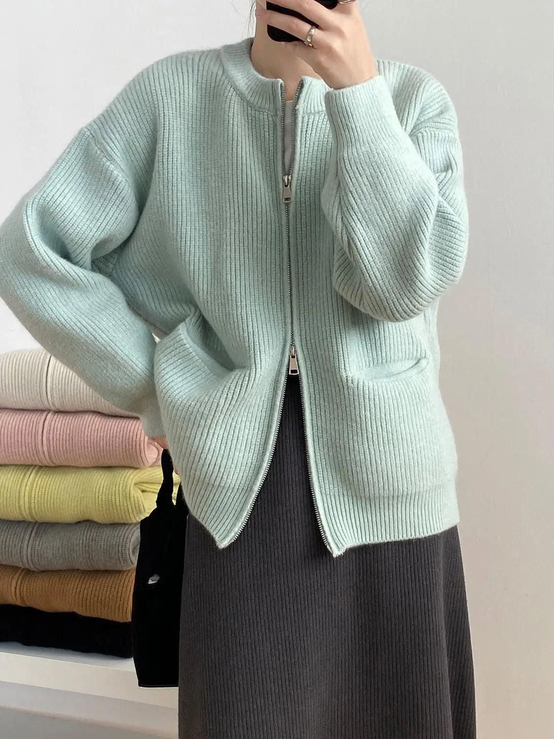 Sweater Cardigan Women Autumn Double Zipper Casual Korean Knitwear Coat Solid Color Loose Soft Long Sleeve Jackets Outerwear voguable