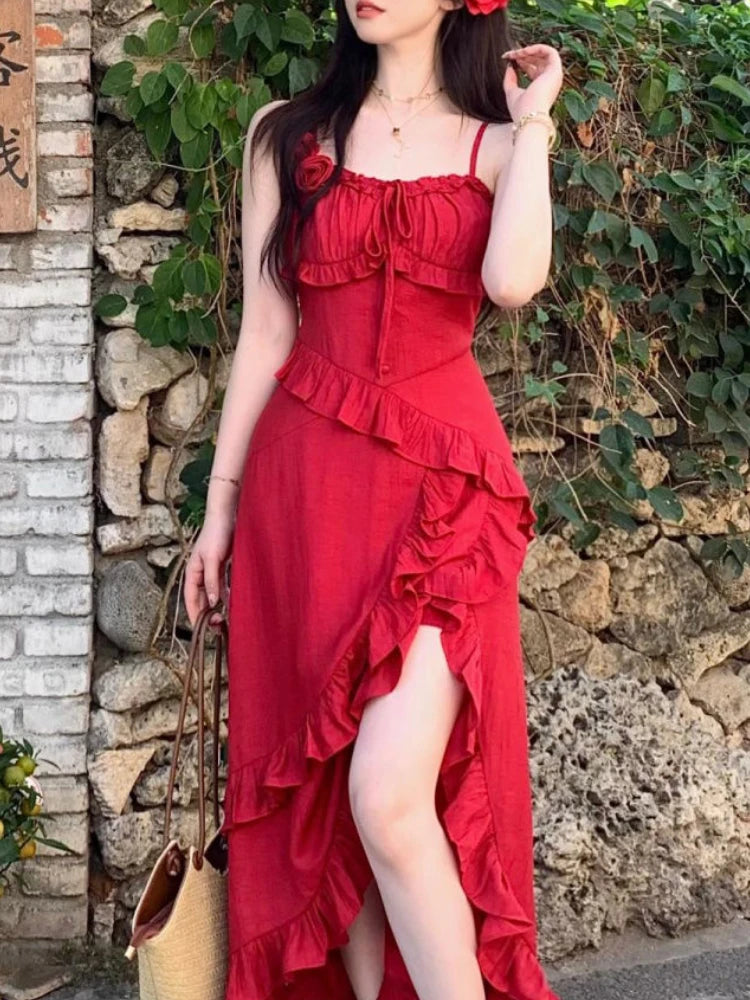 Voguable Summer Temperament Casua Strap Dress Women Summer New Simple Fairy Party Mini Dress Female French Split Holiday Designer  Dress voguable