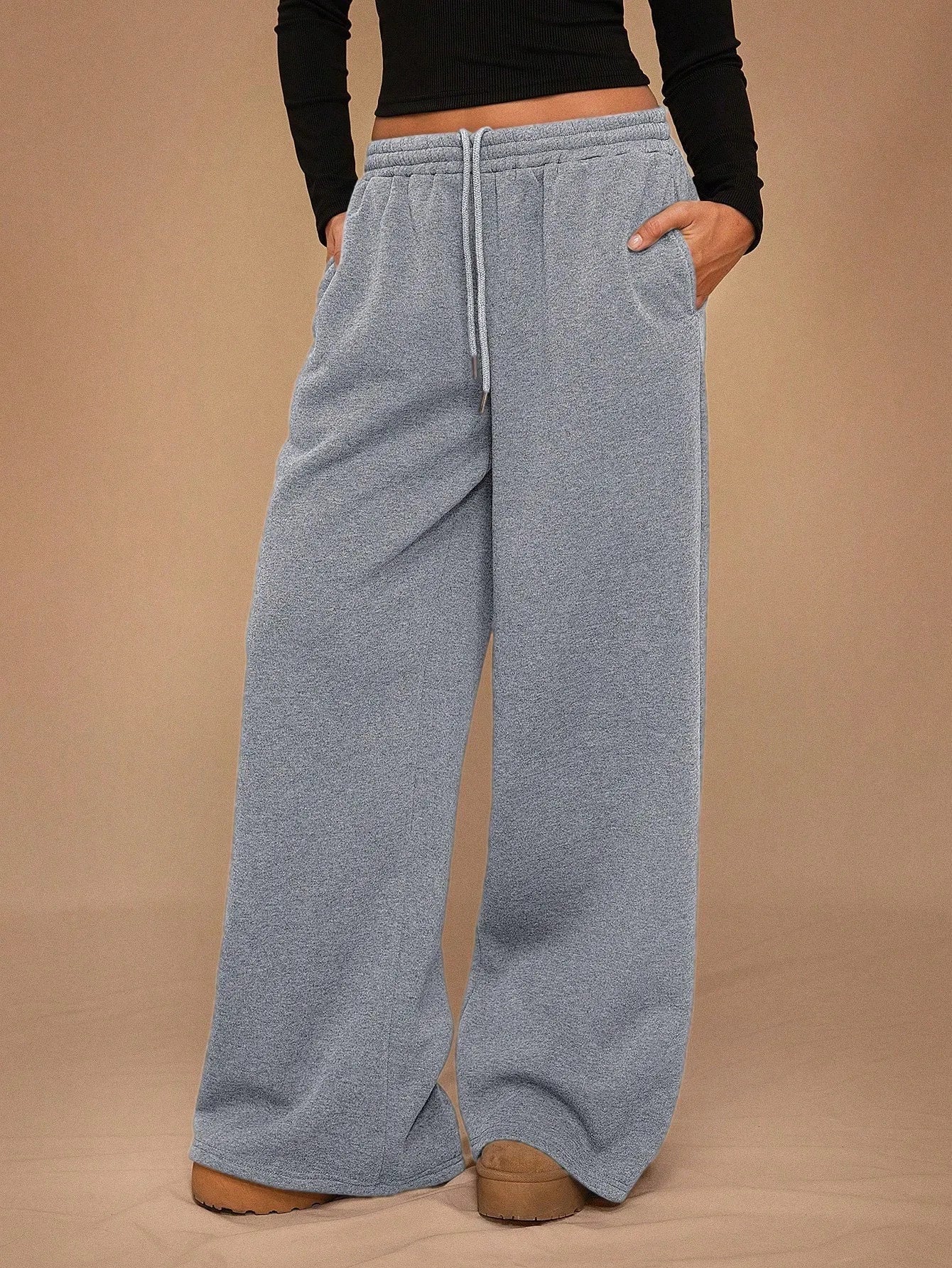 Voguable  High Waisted Drawstring Solid Color Loose Fit Women's Wide Leg Pant Autumn and Winter New Simple Straight Leg Pants Fashion voguable