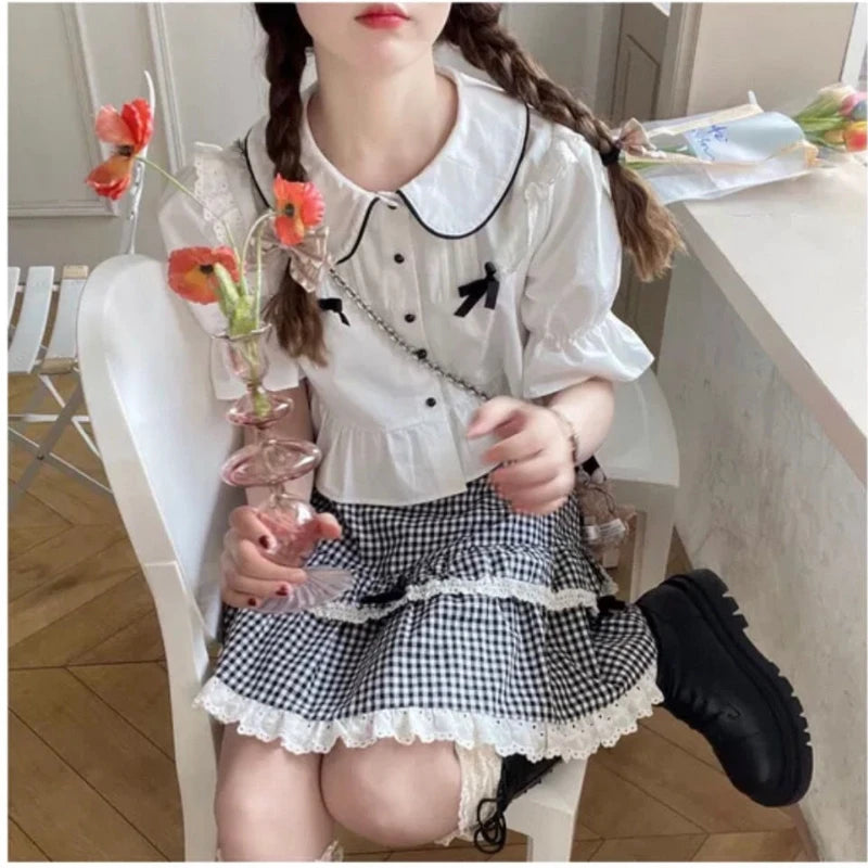 Kawaii Plaid Women Short Skirt Lolita Ruffle Japanese Style Lace Bow Mini Skirts Cutecore Sweet Pleated Preppy Skirt voguable