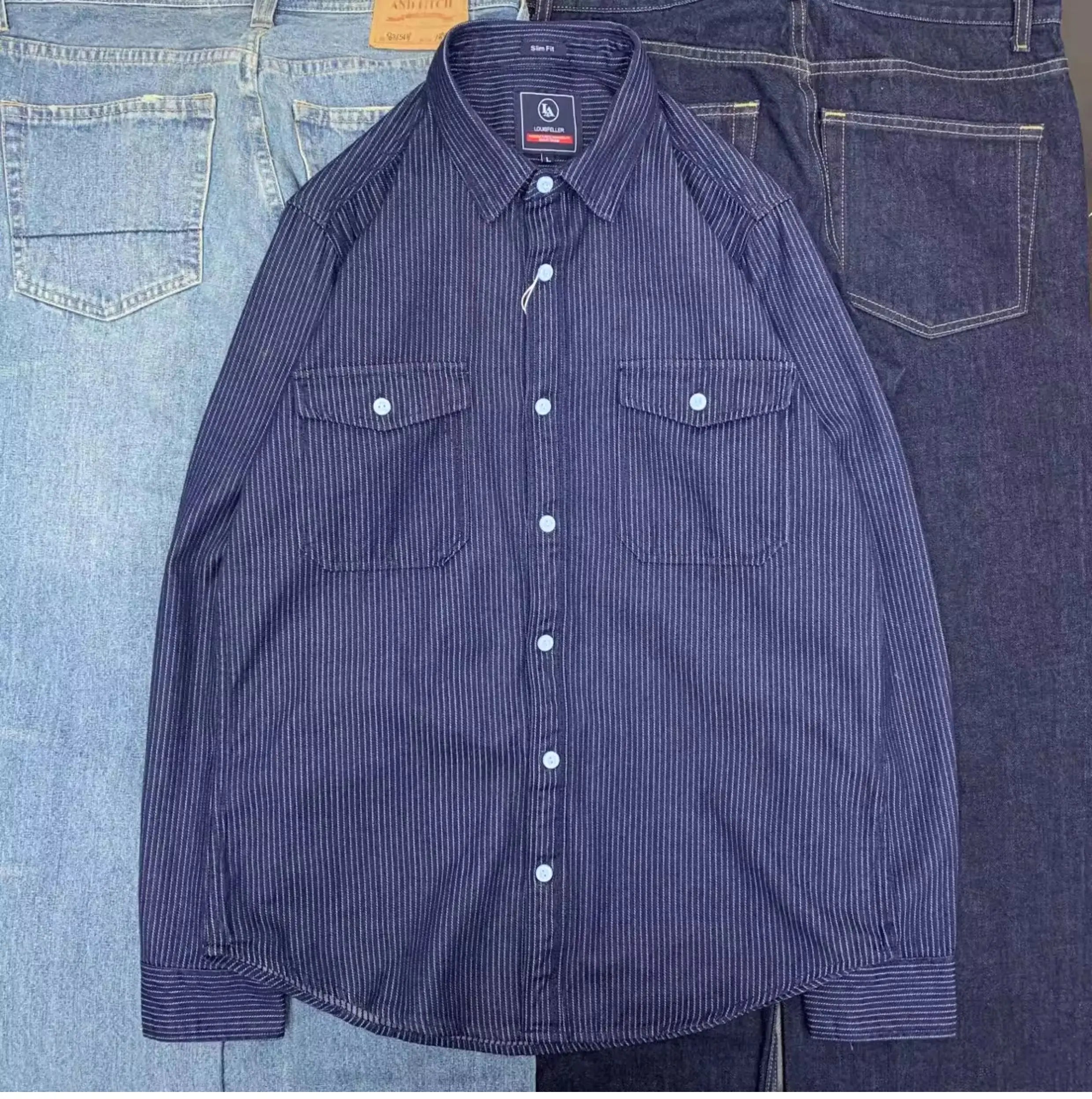 Voguable  Autumn New Japanese Retro Long-Sleeve Lapel Striped Shirt Men's Fashion 100% Cotton Double Pockets Loose Casual Blouses voguable