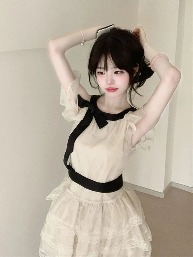 Off Shoulder Bow Sweet Dress Women Vintage O Neck Casual Elegant Mini Dress Lace Patchwork Retro Slim Lady Summer Vestidos voguable