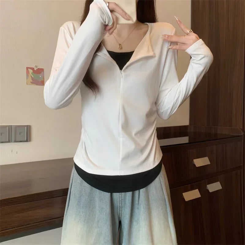 Long Sleeve T Shirt Women Fashion Fake Two Pieces Patchwork Basic Slim Zipper Slimming Bottoming Shirt Retro Red Casual T-shirt voguable