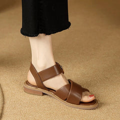 Summer Retro Style Women Sandals Ankle Strap Thick Heels Genuine Leather Basic Casual Office Working Shoes Woman Pumps voguable