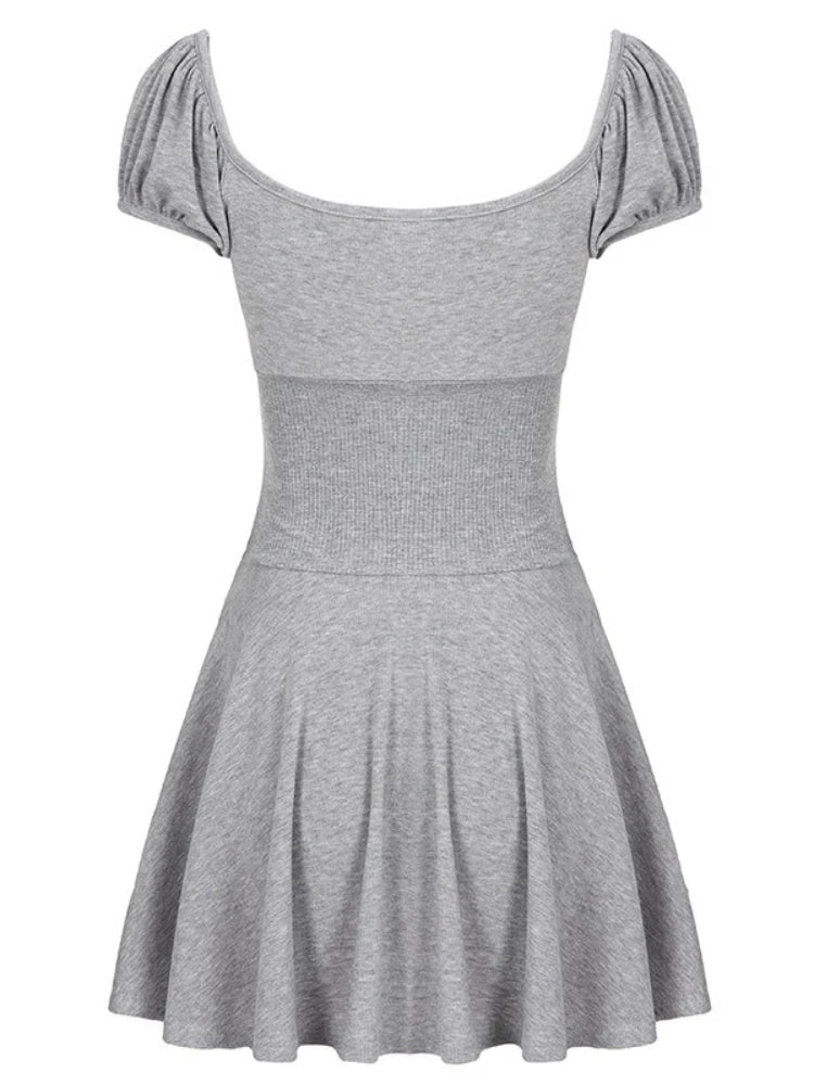 Voguable  American Y2k  Elegant Temperament Square Collar Puff Sleeve Slim Waist  High Waist Summer Dresses voguable