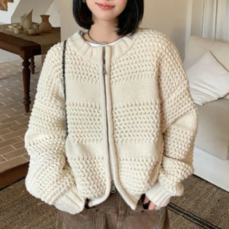 Voguable  Soft Lazy Round-neck Sweater Jacket Women in Autumn Winter New Fashion Versatile Knitted Cardigan Top Outer Wear voguable