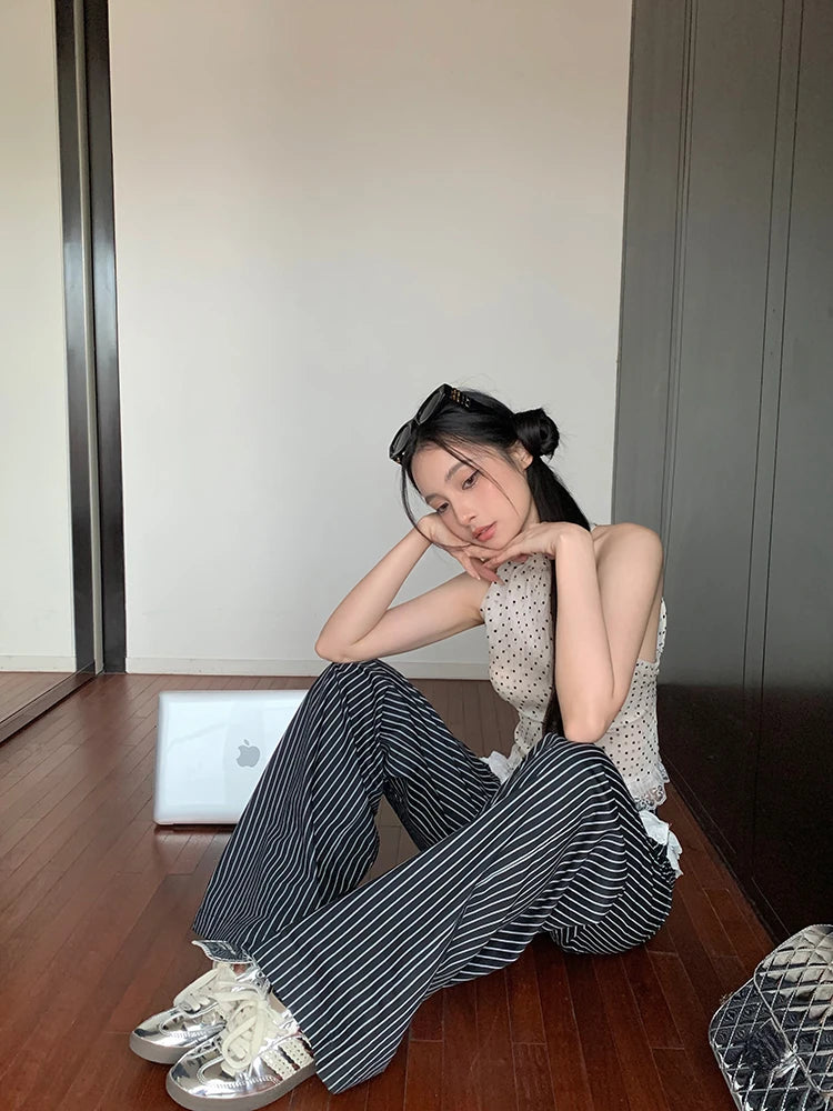 Voguable 2024 Summer New Streetwear Polka Dot Lace Patchwork Sexy Camisole Women + Contrast Color Striped Wide Leg Pants Two-piece Suit voguable