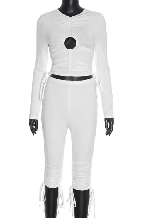 Voguable  Women's pullover with hollowed out circular pleats and adjustable drawstring, cropped pants with exposed navel set voguable