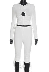 Voguable  Women's pullover with hollowed out circular pleats and adjustable drawstring, cropped pants with exposed navel set voguable