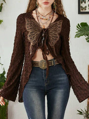 Voguable Lace Butterfly Patchwork Cardigan Top for Women Y2K Aesthetics Brown Bandage Long Sleeve T Shirts Grunge Fairycore voguable