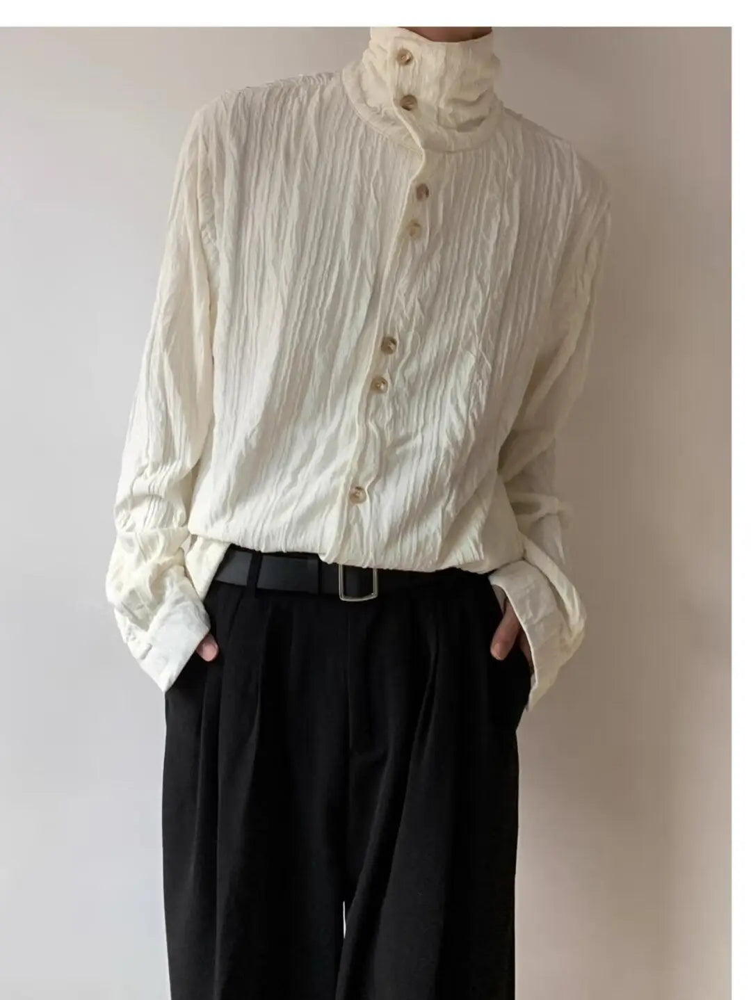 High-end Pleated Texture Shirt Men Draped Loose Casual Top French Retro Long-sleeved Shirt Unisex Vintage Elegant Button Blouse voguable