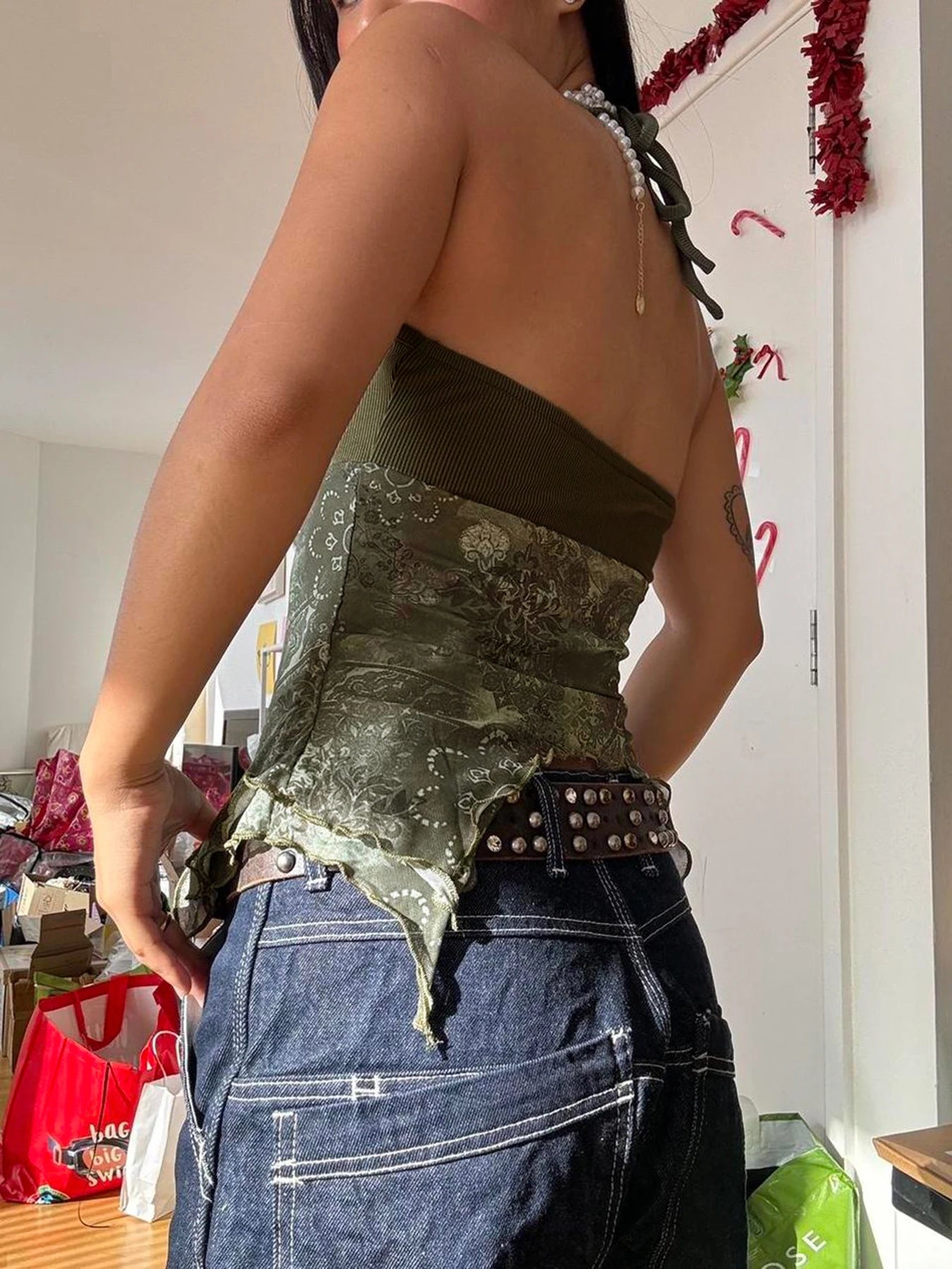 Voguable Boho Vintage Print Mesh Patchwork Crop Top Women V Neck Camis Y2K Streetwear Female Coquette Aesthetic Clothes 2024 voguable