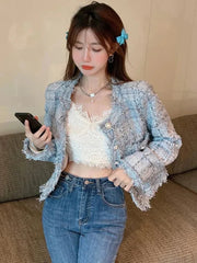 Chic Tassel Slim Tweed Jacket Women Casual Sweet Long Sleeve Short Coat Korean Fashion O Neck Elegant Design Plaid Tops New voguable