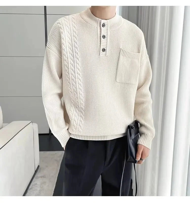 Korean Popular Men's Henry Collar Sweater Light Luxury Knit Long Sleeve Button Pullover Trending Jacquarded Solid Color Knitwear voguable