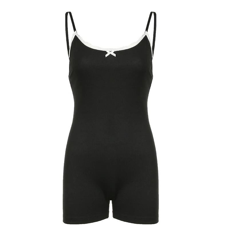 Voguable Chic Elegant Lace Stitching Bow Sleeveless Jumpsuits Shorts Y2K Casual Basic Slim-fitting Rompers Home Fitness Outfits voguable