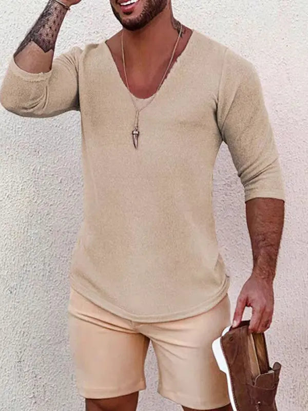 Voguable  Lightweight Breathable Loose Long Sve U-Ne Hollow out Knitted T-irt for Men Made of Linen Ice Silk Trendy Summer Top voguable