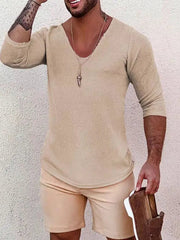 Voguable  Lightweight Breathable Loose Long Sve U-Ne Hollow out Knitted T-irt for Men Made of Linen Ice Silk Trendy Summer Top voguable