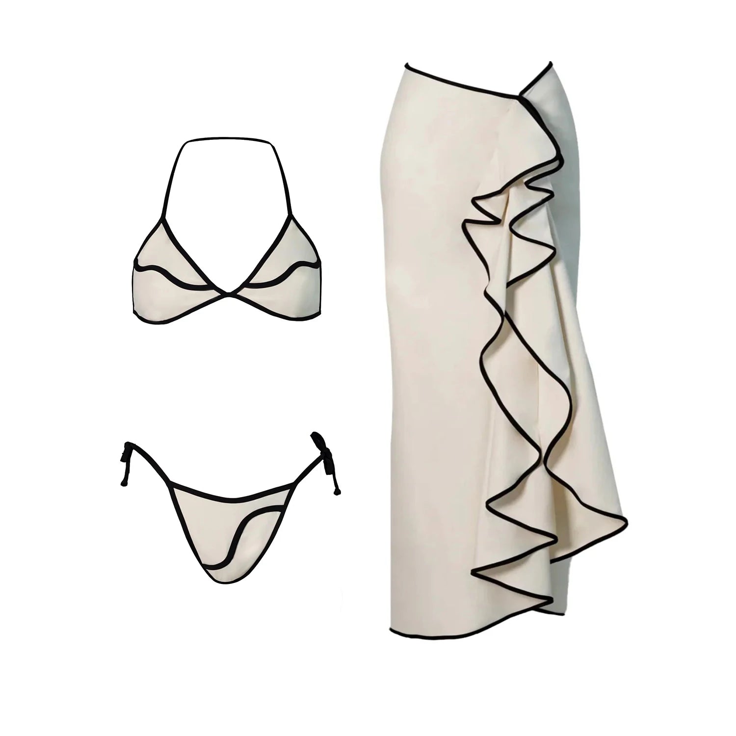 3 Pieces Sexy Bikini Set Black White Bikinis Women Swimsuit Female Elegant Swimwear Long Skirt Bathing Suit Beachwear Cover Up voguable