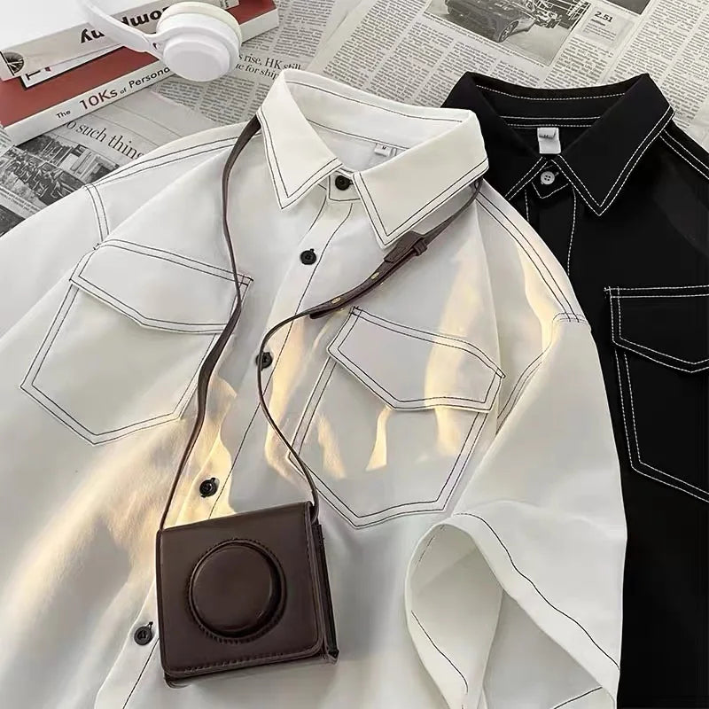 Voguable Summer Short Sleeved Shirt Men Fashion Retro Black White Shirt Men Streetwear Korean Loose Casual Shirt Men Vintage Shirts voguable
