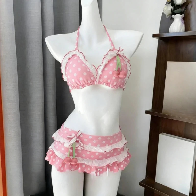 Voguable  Japanese Style Kawaii Girls Swimsuit Sweet Printed Halter Bikini Swimsuit Women Ruffle Bikini Set Bather Bathing Suit Swim voguable