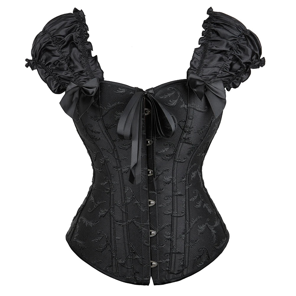 Voguable Gothic Lolita Puff Ruffle Sleeve Overbust Corset Jacquard Corselet Sexy Waist Bustier Top voguable